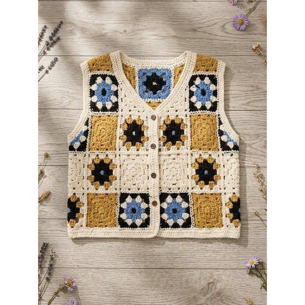 Handmade Cream Crochet Vest with Mustard & Blue Accents